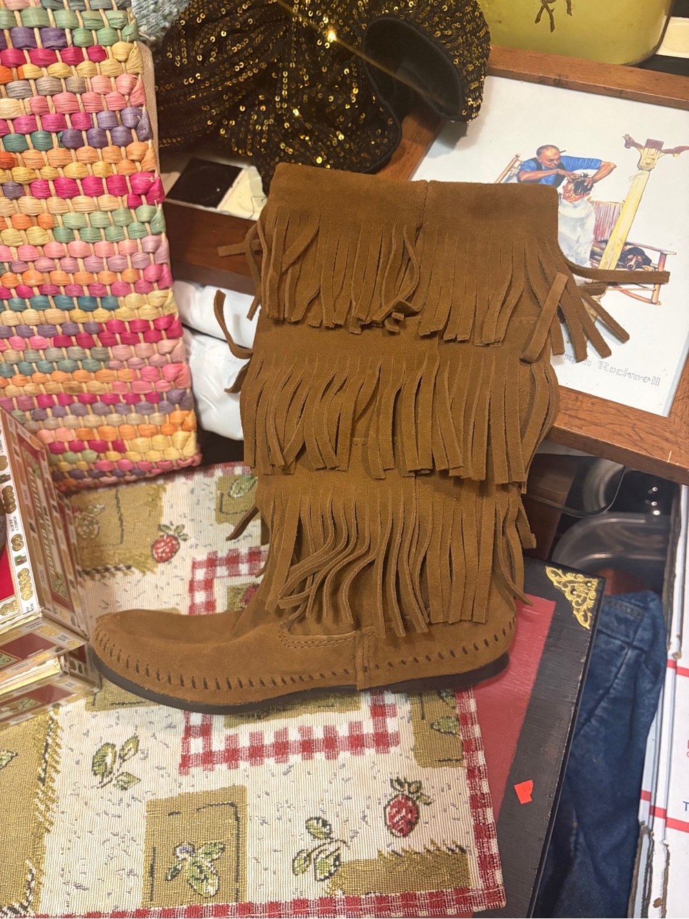 Minnetonka Suede 3-Layer Fringe Moccasin Boots Mid-Calf Brown 7 Ladies Leather